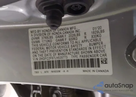 2020 Honda Civic Lx из США, поврежденный, VIN 2HGFC2F67LH535773